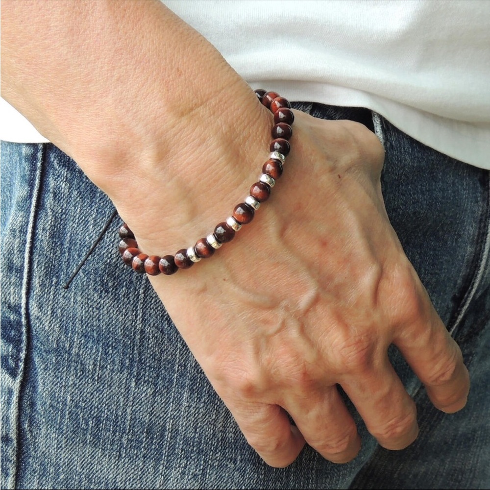 Mens Tiger’s Eye Bracelet Adjustable Beaded Sterling Silver